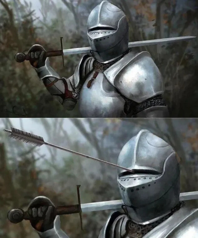 A two-panel image: a knight in full plate armour with his sword raised — then the same knight with an arrow driven clean through the eye-slit of his visor. Total protection, one fatal gap.