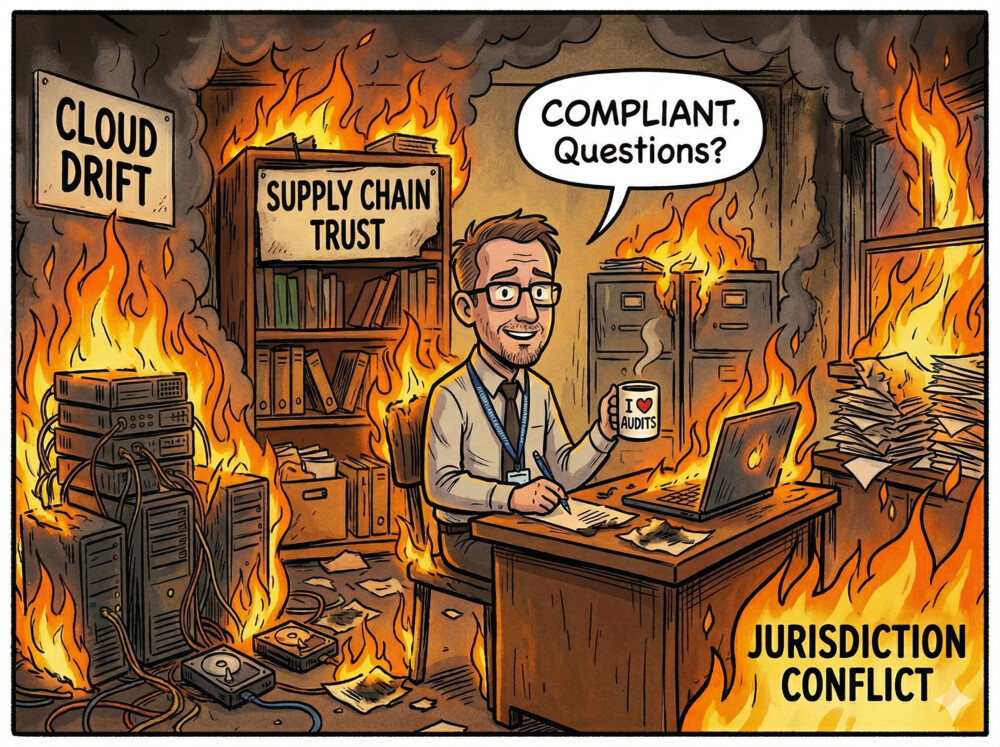 A &ldquo;this is fine&rdquo; meme: a man sits calmly at his desk holding an &ldquo;I ❤ AUDITS&rdquo; mug, saying &ldquo;Compliant. Questions?&rdquo; — while the whole room burns, the flames labelled Cloud Drift, Supply Chain Trust, and Jurisdiction Conflict.