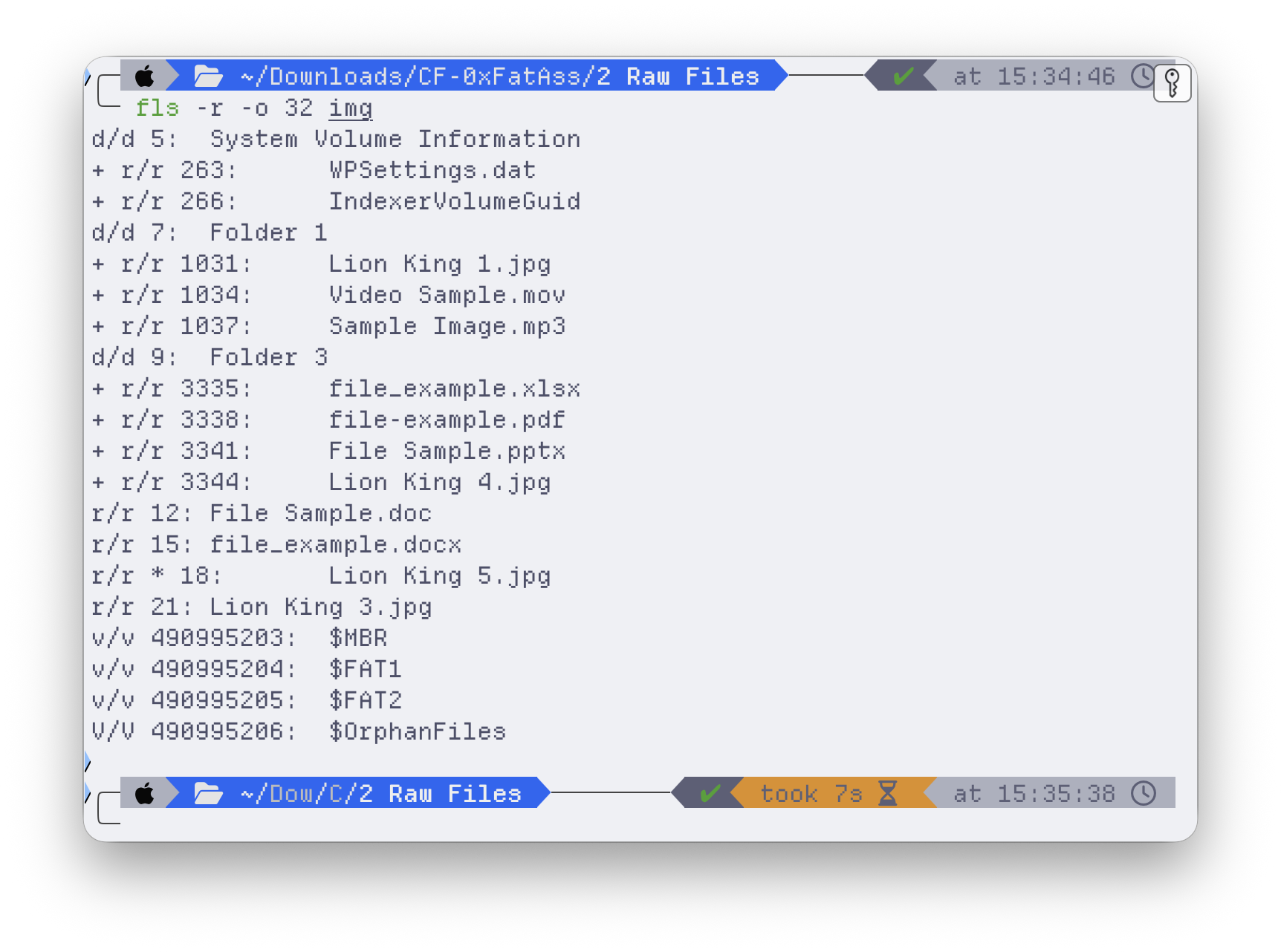 Recursive listing of the FAT32 volume with fls -r